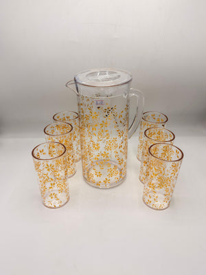 Golden Leaf Acrylic Pitcher Set - 1 Jug with Lid & 6 Matching Glasses