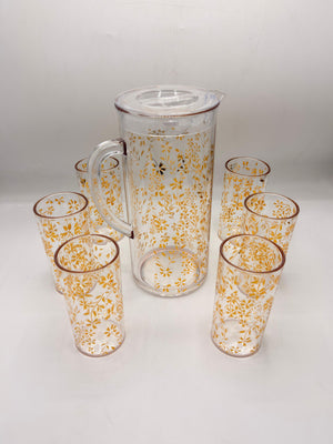 Golden Leaf Acrylic Pitcher Set - 1 Jug with Lid & 6 Matching Glasses