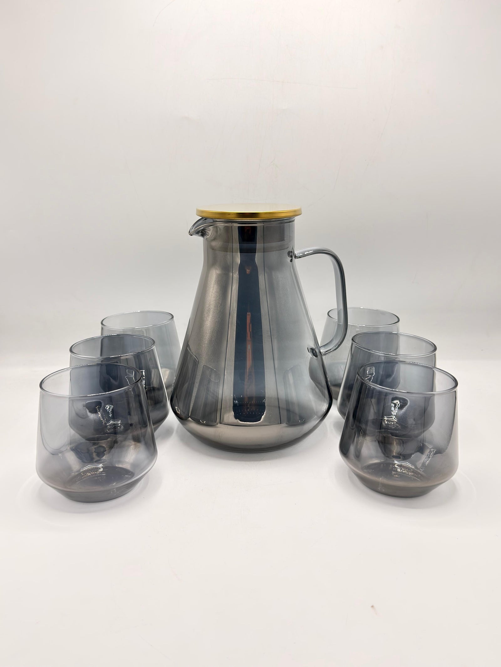 Smoky Grey & Amber Acrylic Pitcher Set - 6 Glasses with Gold-Tone Lid