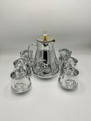 Mirror Silver Decanter Set - 6 Glasses with Greek Key Design & Crystal Knob Lid