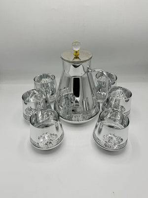 Mirror Silver Decanter Set - 6 Glasses with Greek Key Design & Crystal Knob Lid