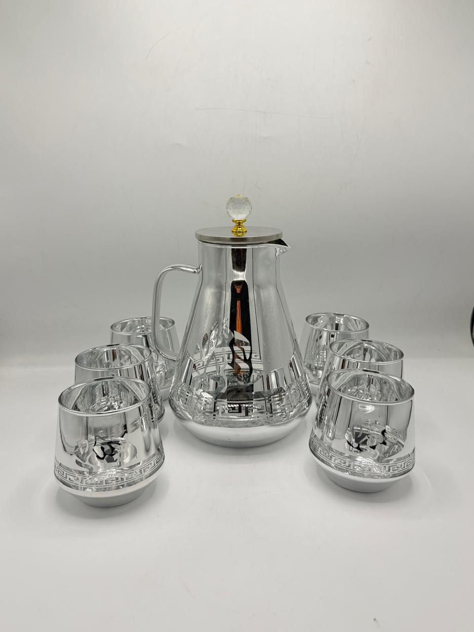 Mirror Silver Decanter Set - 6 Glasses with Greek Key Design & Crystal Knob Lid