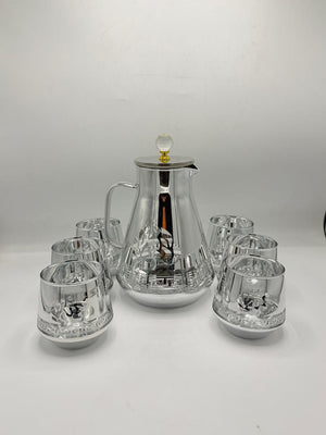Mirror Silver Decanter Set - 6 Glasses with Greek Key Design & Crystal Knob Lid
