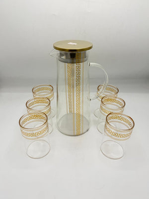 Golden Greek Key Glass Pitcher Glass Set