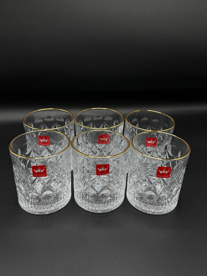 Round Diamond Cut Gold Rim Glass Tumbler Set – 6 Piece (72-2)