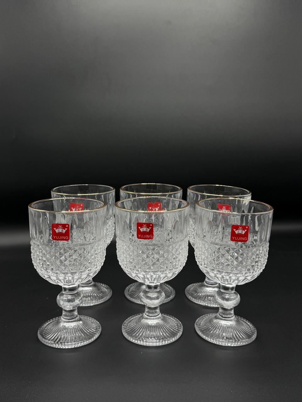 Diamond Cut Gold Rim Wine Goblet Set – 6 Piece Stemmed Glasses (72-9)