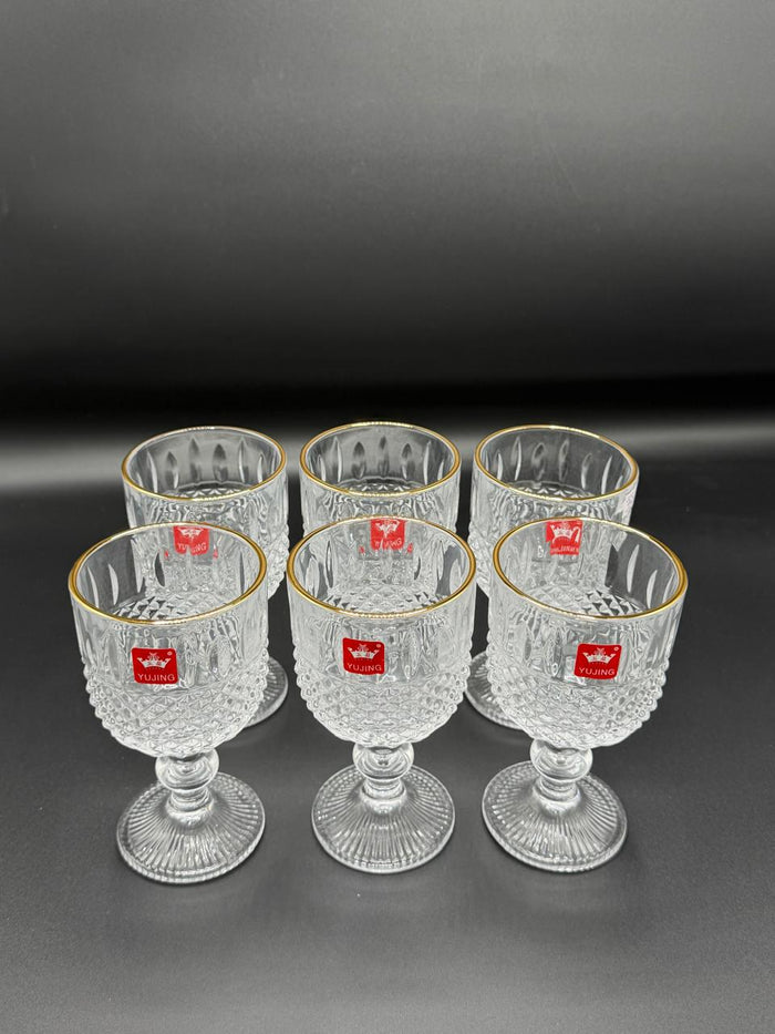 Diamond Cut Gold Rim Wine Goblet Set – 6 Piece Stemmed Glasses (72-9)