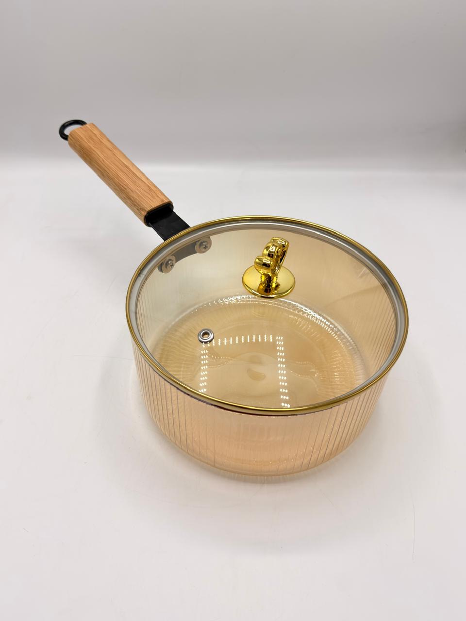Amber Ribbed Glass Saucepan with Wooden Handle