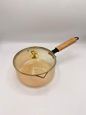 Amber Ribbed Glass Saucepan with Wooden Handle