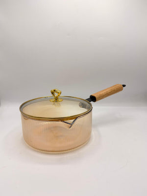 Amber Ribbed Glass Saucepan with Wooden Handle