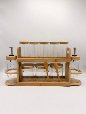 Bamboo Kitchen Organizer Tray – Spice Jars, Condiment Jars & Oil Dispensers