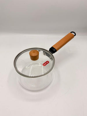 Heat-Resistant Glass Milk Pan with Wooden Handle & Lid
