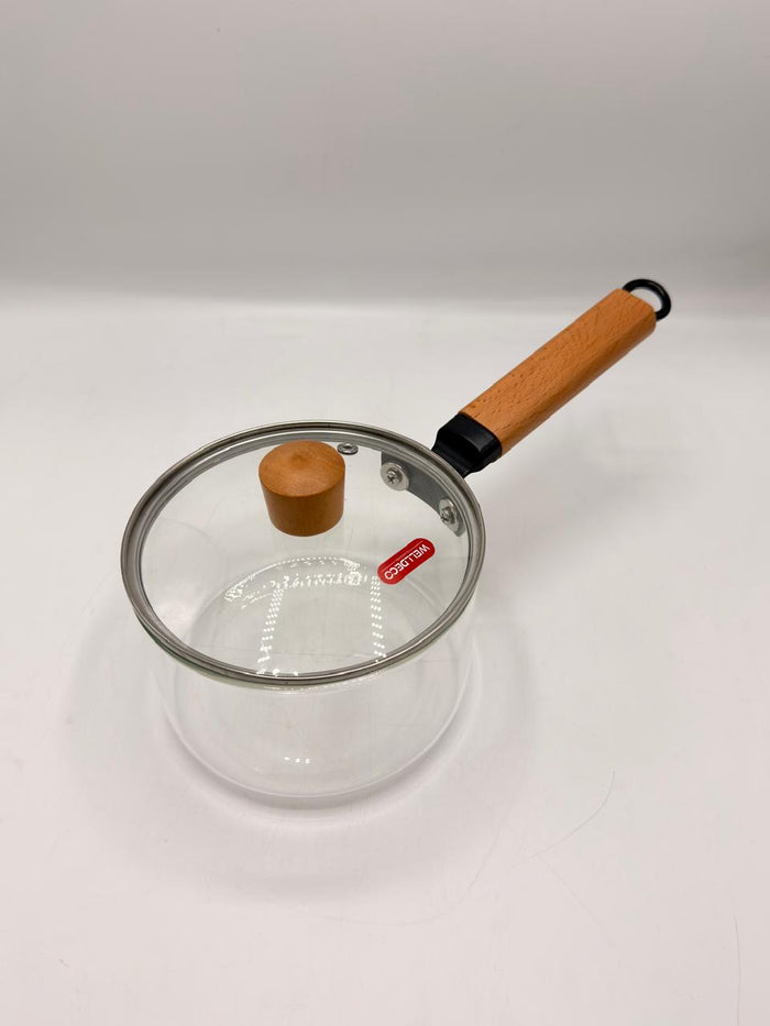 Heat-Resistant Glass Milk Pan with Wooden Handle & Lid