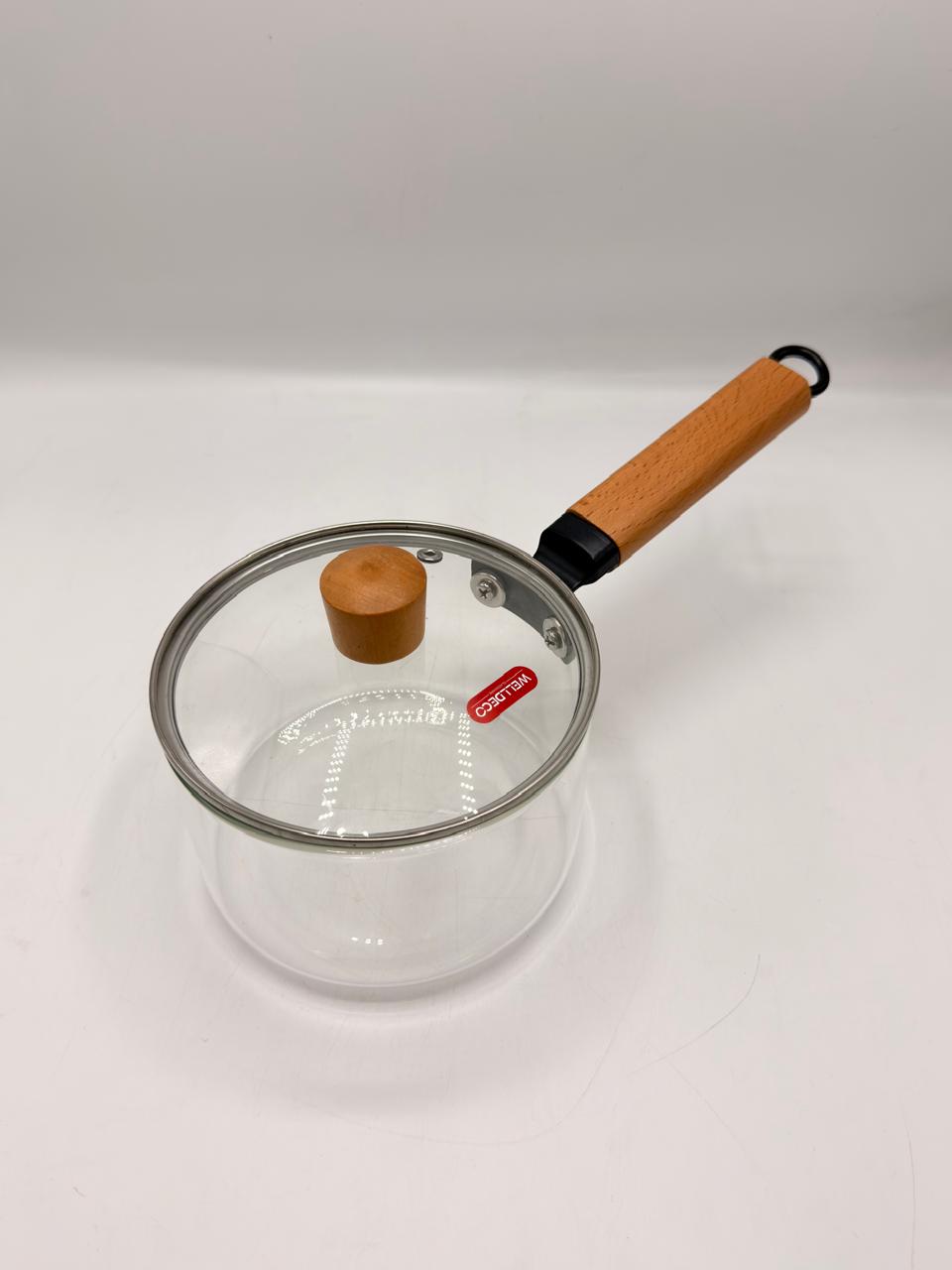 Heat-Resistant Glass Milk Pan with Wooden Handle & Lid