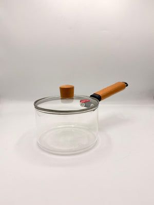 Heat-Resistant Glass Milk Pan with Wooden Handle & Lid