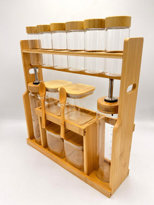 Bamboo Spice Jar & Oil Dispenser Organizer Set – 10 Piece Kitchen Rack