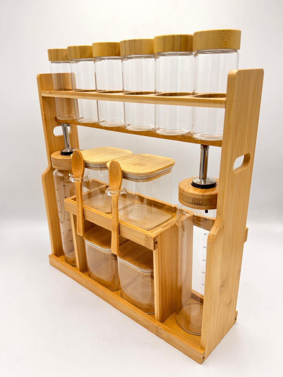 Bamboo Spice Jar & Oil Dispenser Organizer Set – 10 Piece Kitchen Rack