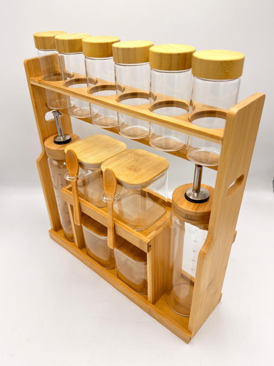 Bamboo Spice Jar & Oil Dispenser Organizer Set – 10 Piece Kitchen Rack