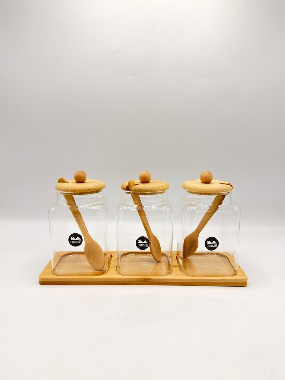Bamboo Condiment Jar Set with Spoons – 3 Piece Glass Storage Set
