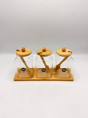Bamboo Condiment Jar Set with Spoons – 3 Piece Glass Storage Set