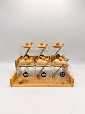 HOME Bamboo Staircase Jar Rack with Spoons – 6 Piece Glass Storage Set