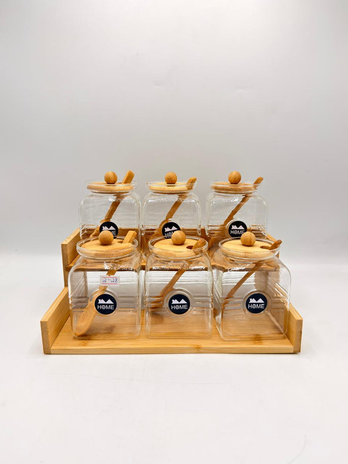 HOME Bamboo Staircase Jar Rack with Spoons – 6 Piece Glass Storage Set