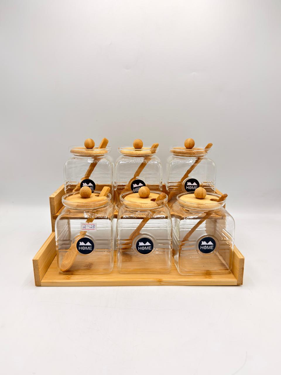HOME Bamboo Staircase Jar Rack with Spoons – 6 Piece Glass Storage Set