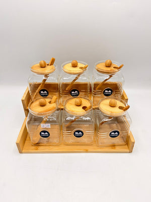 HOME Bamboo Staircase Jar Rack with Spoons – 6 Piece Glass Storage Set