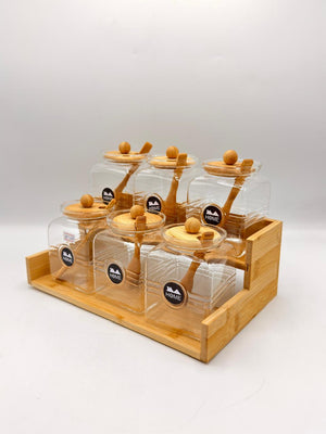 HOME Bamboo Staircase Jar Rack with Spoons – 6 Piece Glass Storage Set