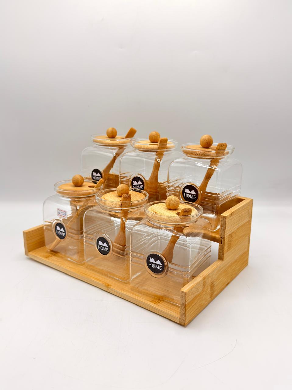 HOME Bamboo Staircase Jar Rack with Spoons – 6 Piece Glass Storage Set
