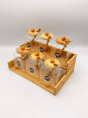 HOME Bamboo Staircase Jar Rack with Spoons – 6 Piece Glass Storage Set
