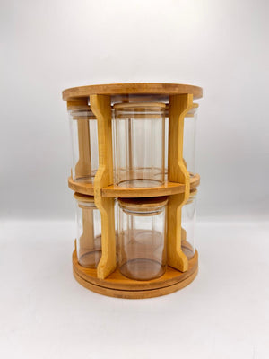 Rotating Bamboo Spice Tower – 6 Jar Round Glass Carousel Rack