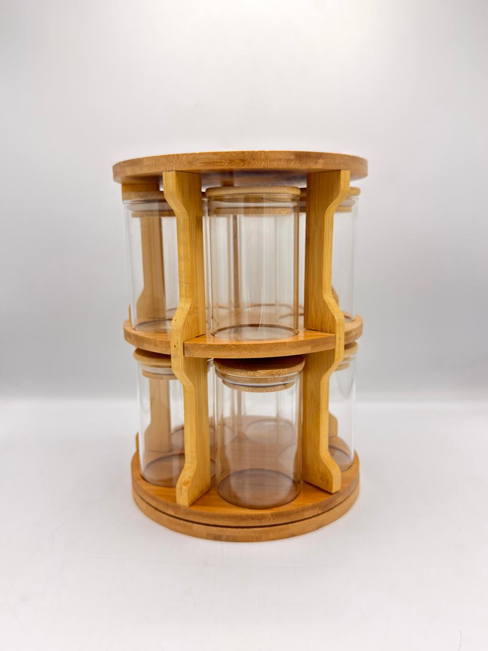 Rotating Bamboo Spice Tower – 6 Jar Round Glass Carousel Rack