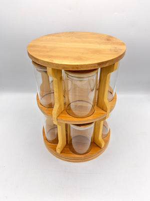 Rotating Bamboo Spice Tower – 6 Jar Round Glass Carousel Rack