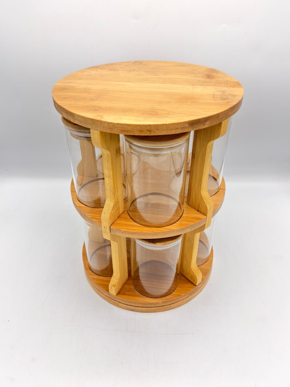 Rotating Bamboo Spice Tower – 6 Jar Round Glass Carousel Rack