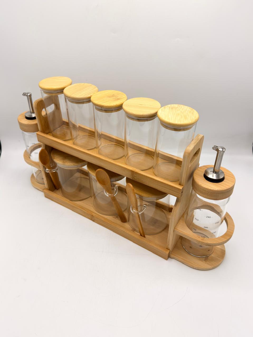 Bamboo Kitchen Organizer Tray – Spice Jars, Condiment Jars & Oil Dispensers