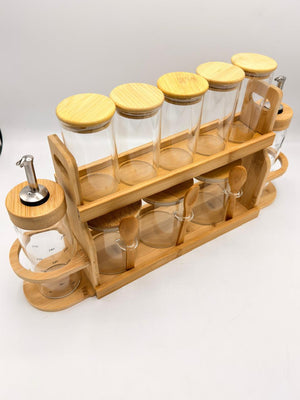 Bamboo Kitchen Organizer Tray – Spice Jars, Condiment Jars & Oil Dispensers