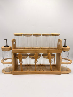 Bamboo Kitchen Organizer Tray – Spice Jars, Condiment Jars & Oil Dispensers