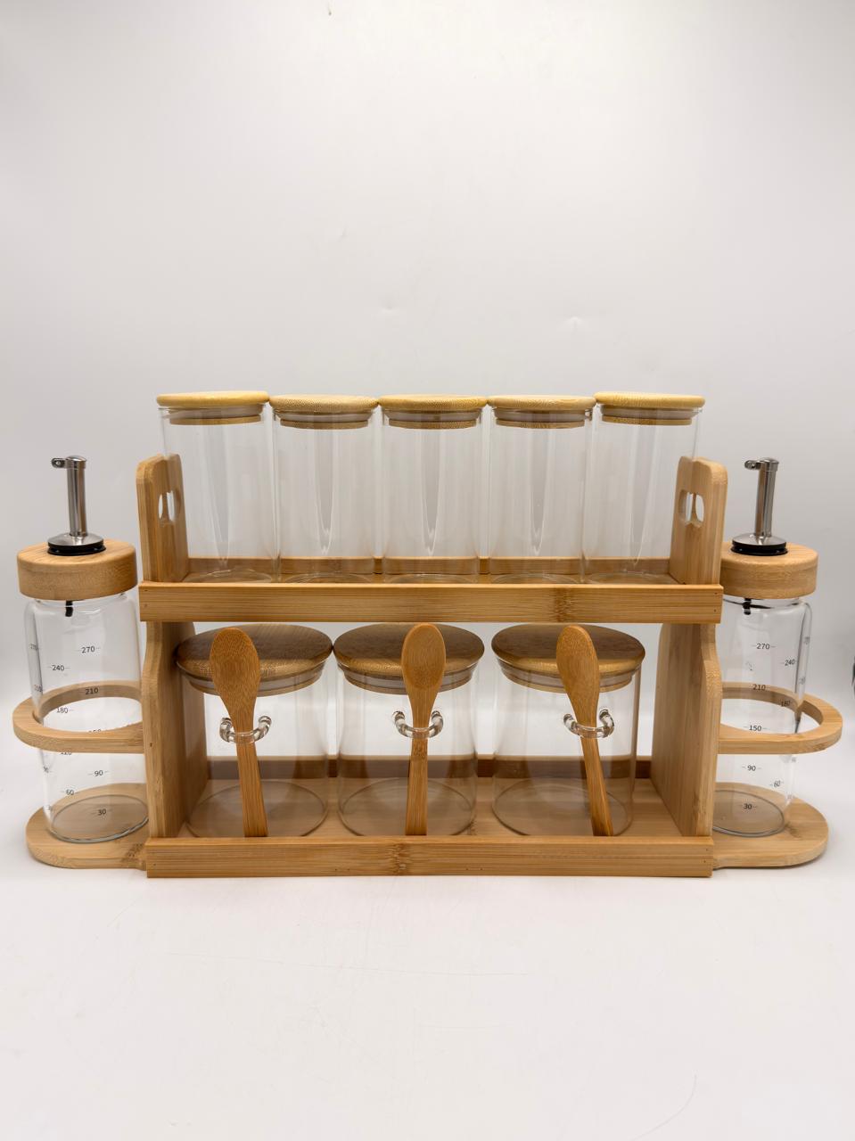 Bamboo Kitchen Organizer Tray – Spice Jars, Condiment Jars & Oil Dispensers