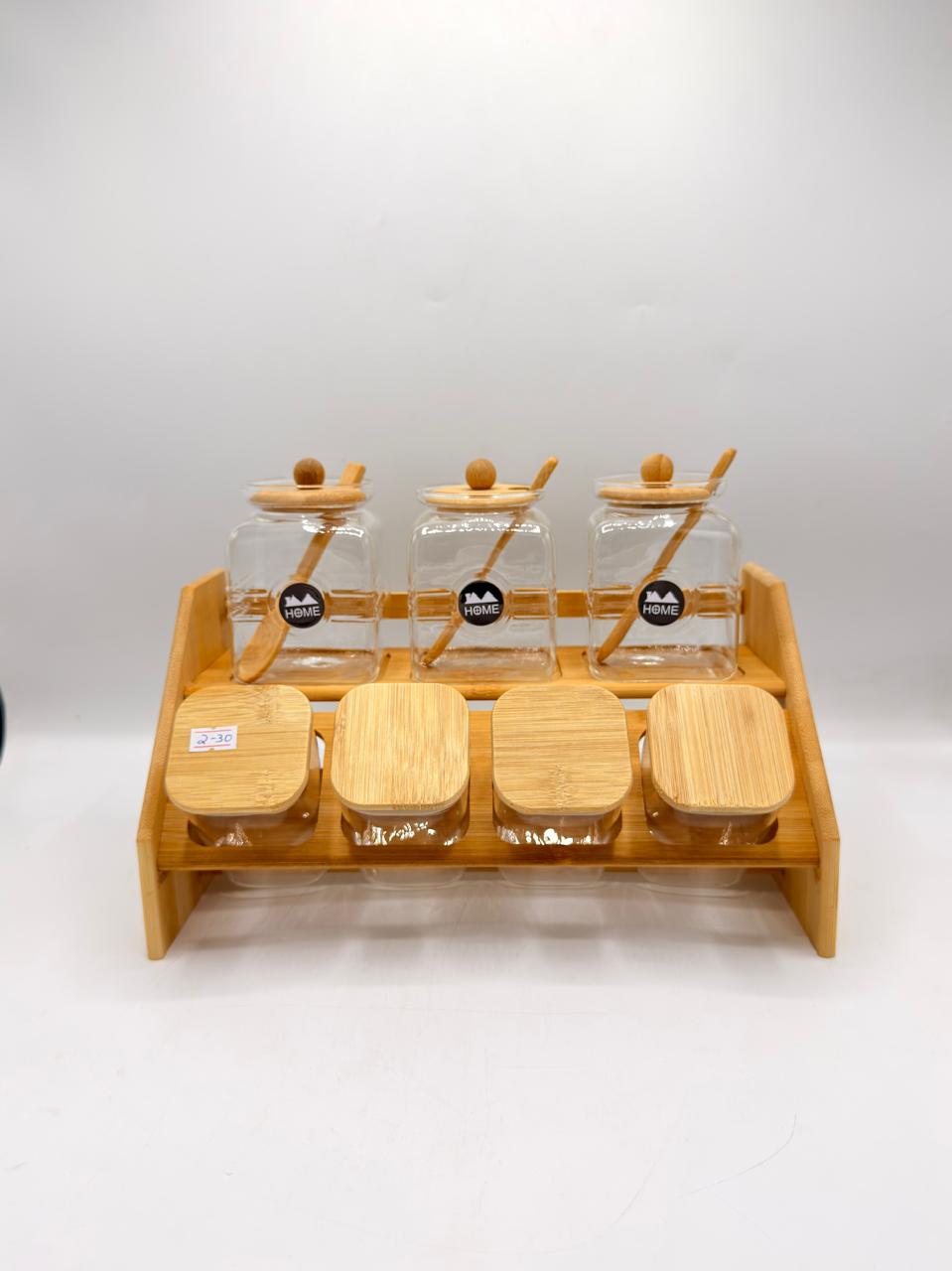 2-Tier Bamboo Jar Storage Rack with Spoon Jars – Set of 7