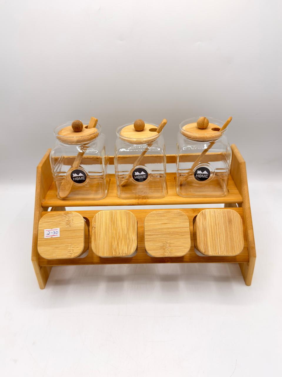 2-Tier Bamboo Jar Storage Rack with Spoon Jars – Set of 7