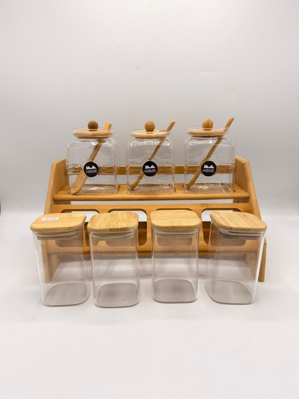 2-Tier Bamboo Jar Storage Rack with Spoon Jars – Set of 7