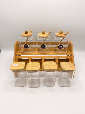 2-Tier Bamboo Jar Storage Rack with Spoon Jars – Set of 7