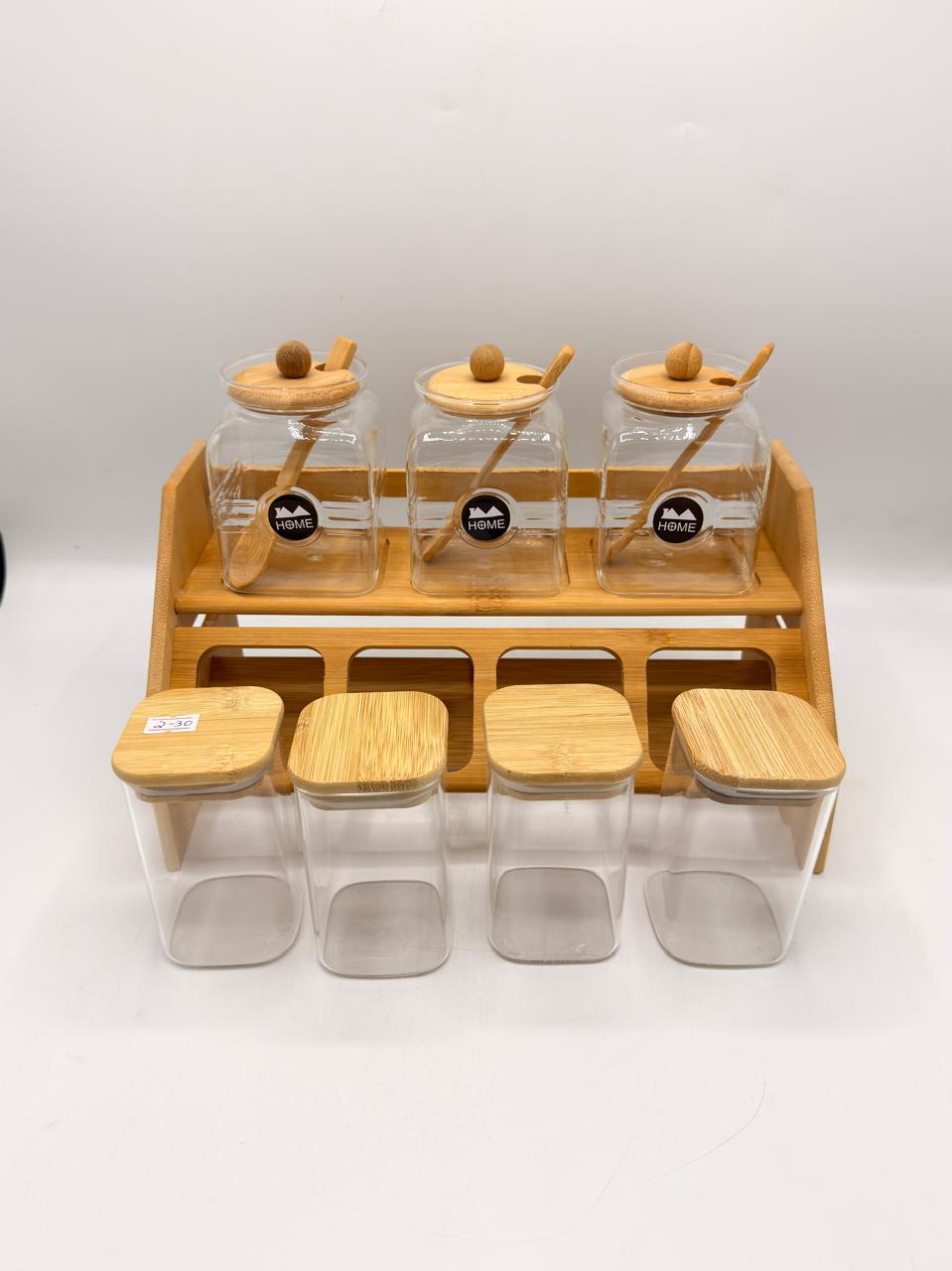 2-Tier Bamboo Jar Storage Rack with Spoon Jars – Set of 7