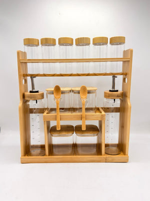 Bamboo Spice Jar & Oil Dispenser Organizer Set – 10 Piece Kitchen Rack