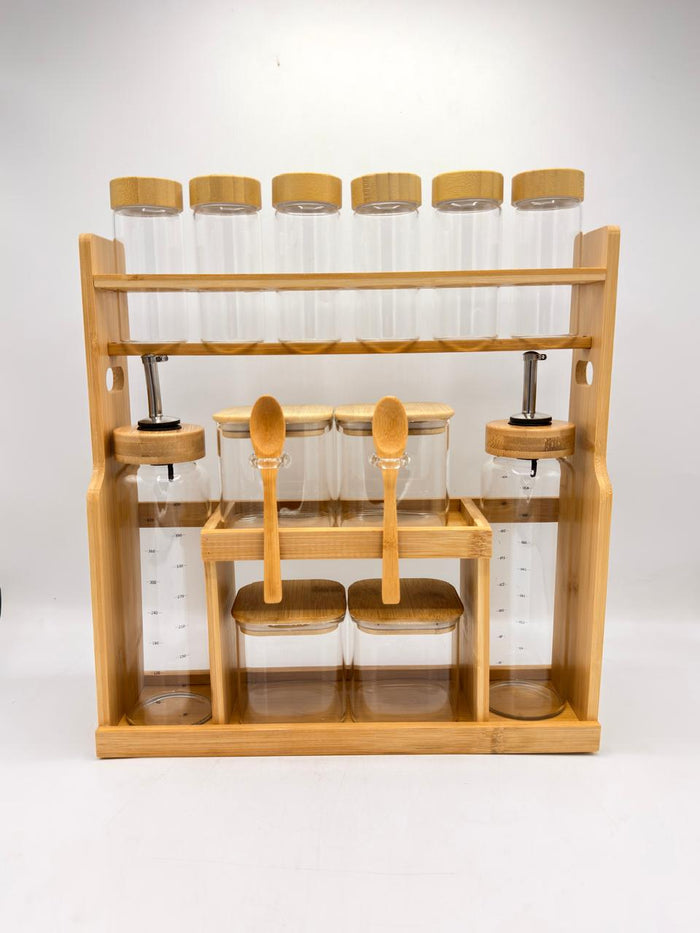 Bamboo Spice Jar & Oil Dispenser Organizer Set – 10 Piece Kitchen Rack