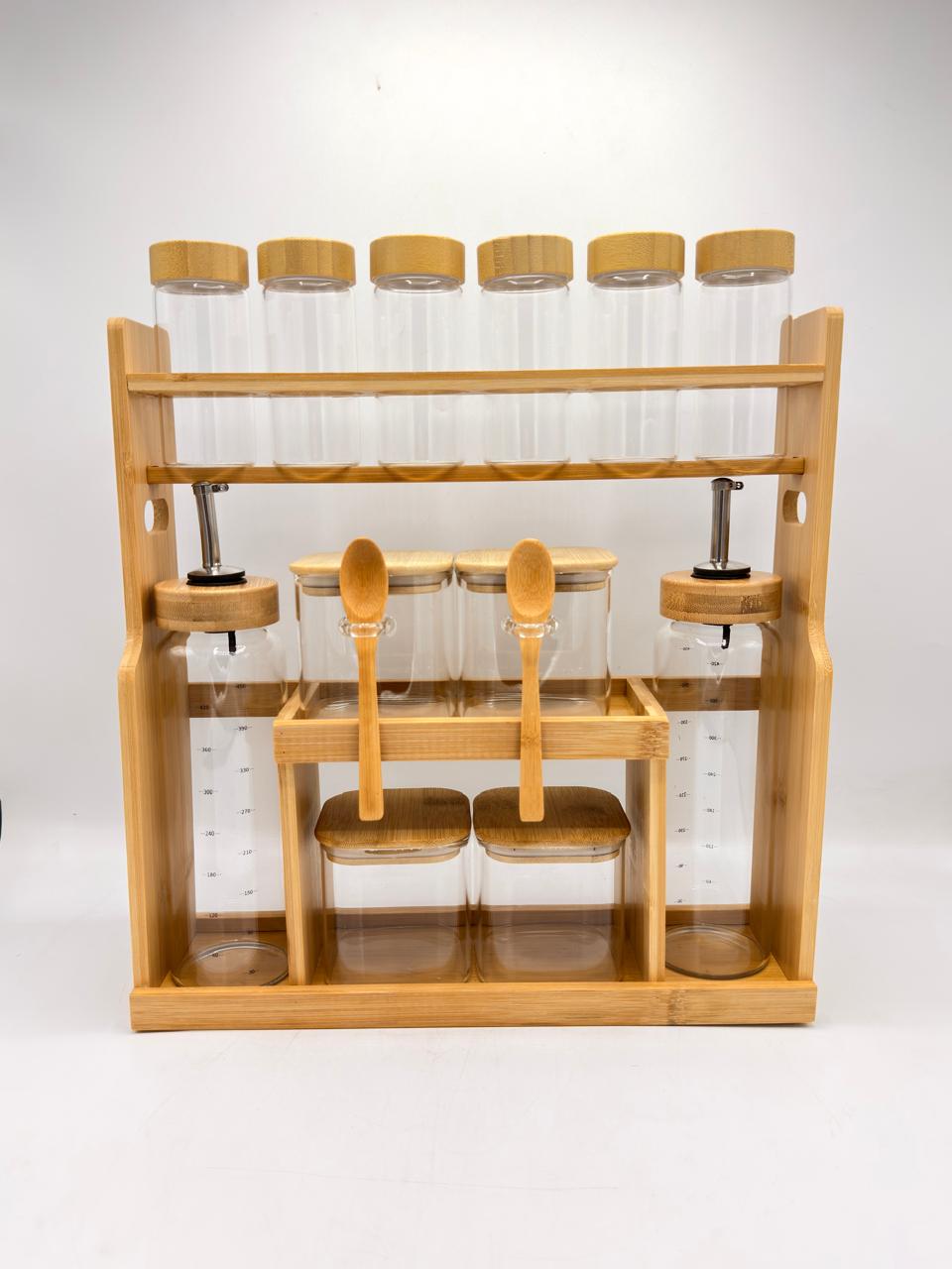 Bamboo Spice Jar & Oil Dispenser Organizer Set – 10 Piece Kitchen Rack