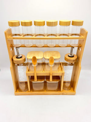 Bamboo Spice Jar & Oil Dispenser Organizer Set – 10 Piece Kitchen Rack