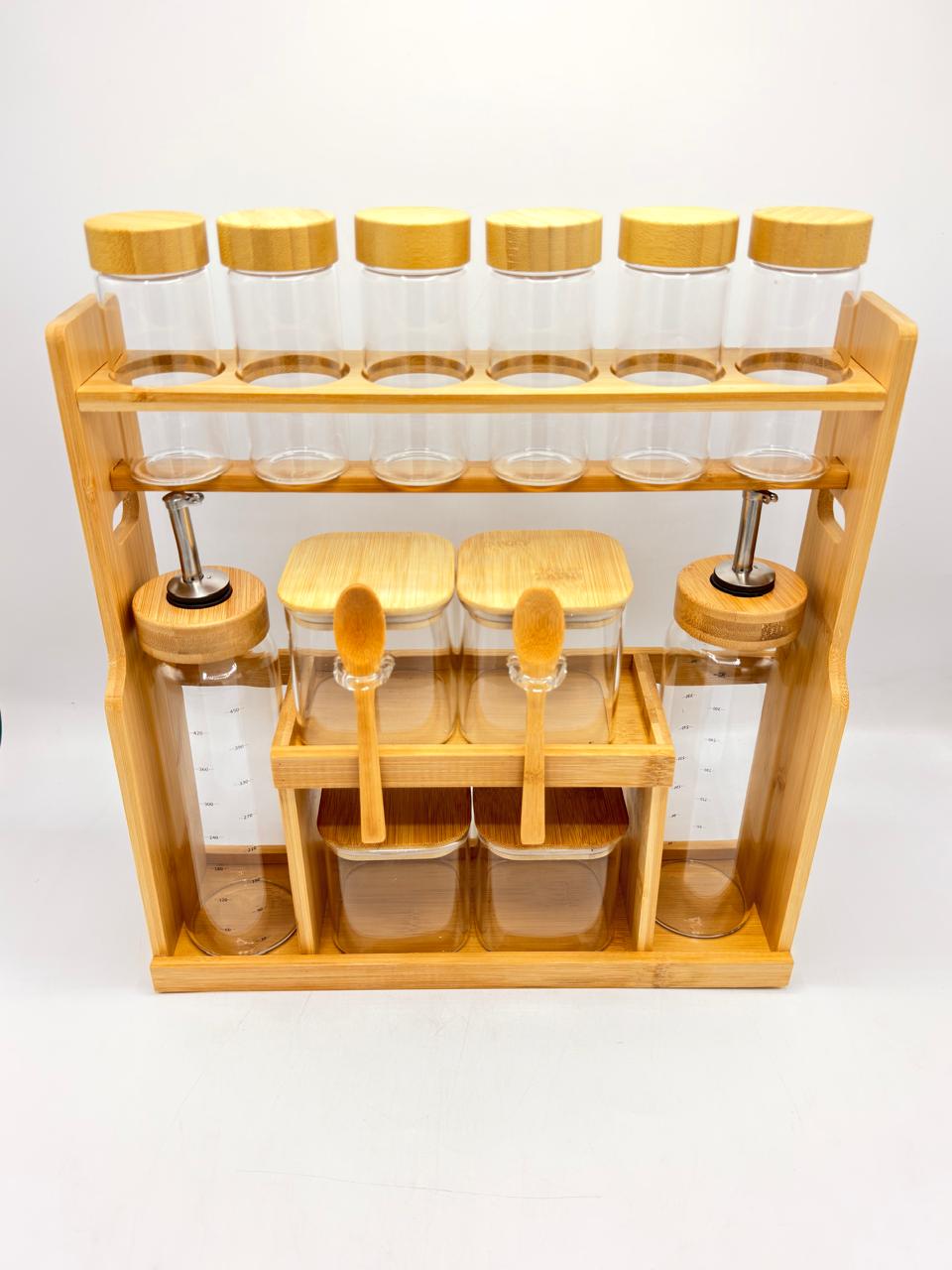 Bamboo Spice Jar & Oil Dispenser Organizer Set – 10 Piece Kitchen Rack