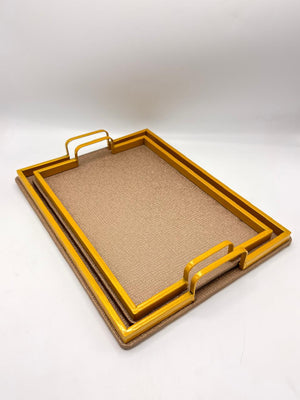 Leather Texture Serving Tray Set with Gold Metal Frame – 2 Piece